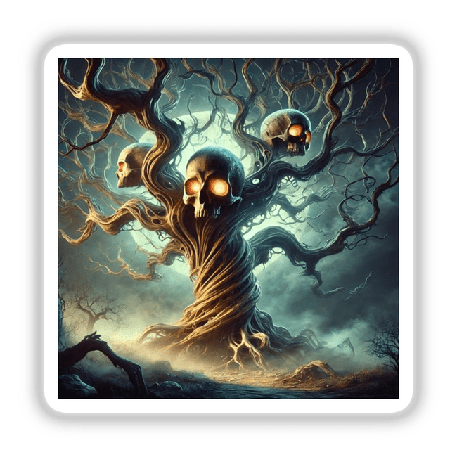 Skeleton Tree with Glowing Eyes Halloween: Illustrated tree with skulls and glowing eyes among branches, available as stickers or digital artwork.