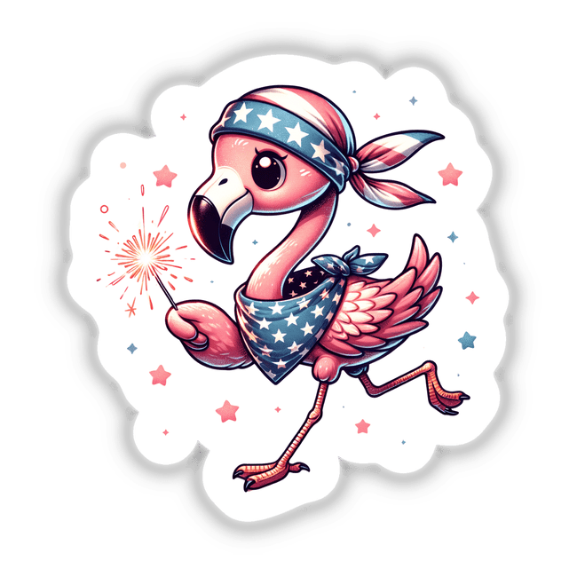 Patriotic Flamingo Wearing Bandana Holding Sparkler