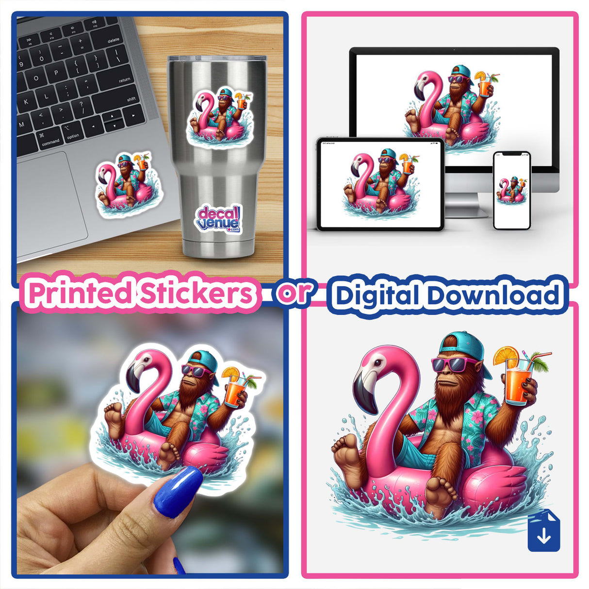 Sasquatch Floating in Flamingo Float II depicted in a playful cartoon style, available as vinyl stickers or digital artwork. The collage showcases various interpretations, emphasizing the whimsical theme.
