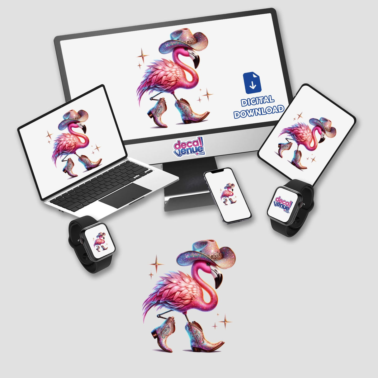 Glitter Flamingo in Cowboy Hat and Boots, available as stickers or digital artwork, features a whimsical flamingo wearing a cowboy hat and boots, embodying Decal Venue's unique style in vinyl stickers and digital art.