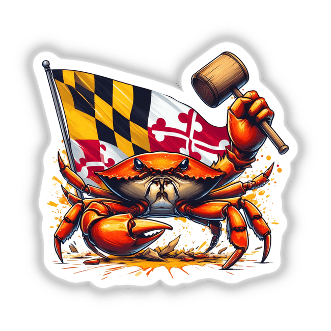 Maryland Steamed Crab Mallet Splatter: A playful graphic featuring a cartoon crab holding a mallet and flag, available as unique stickers or digital artwork from Decal Venue.