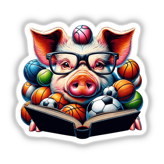 Pig Reading a Book with Glasses and Sports Balls: A whimsical sticker or digital art featuring a pig in glasses reading, surrounded by various sports balls, perfect for creative spaces.