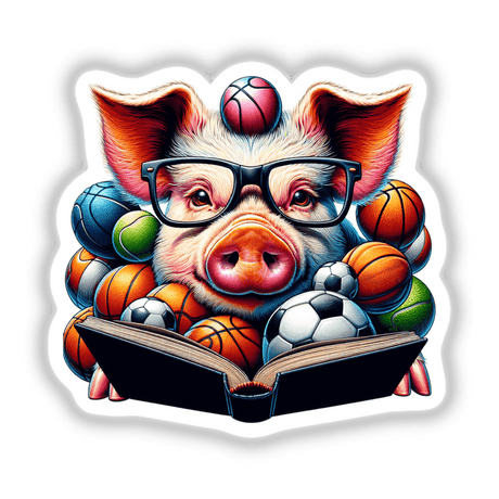 Pig Reading a Book with Glasses and Sports Balls: A whimsical sticker or digital art featuring a pig in glasses reading, surrounded by various sports balls, perfect for creative spaces.