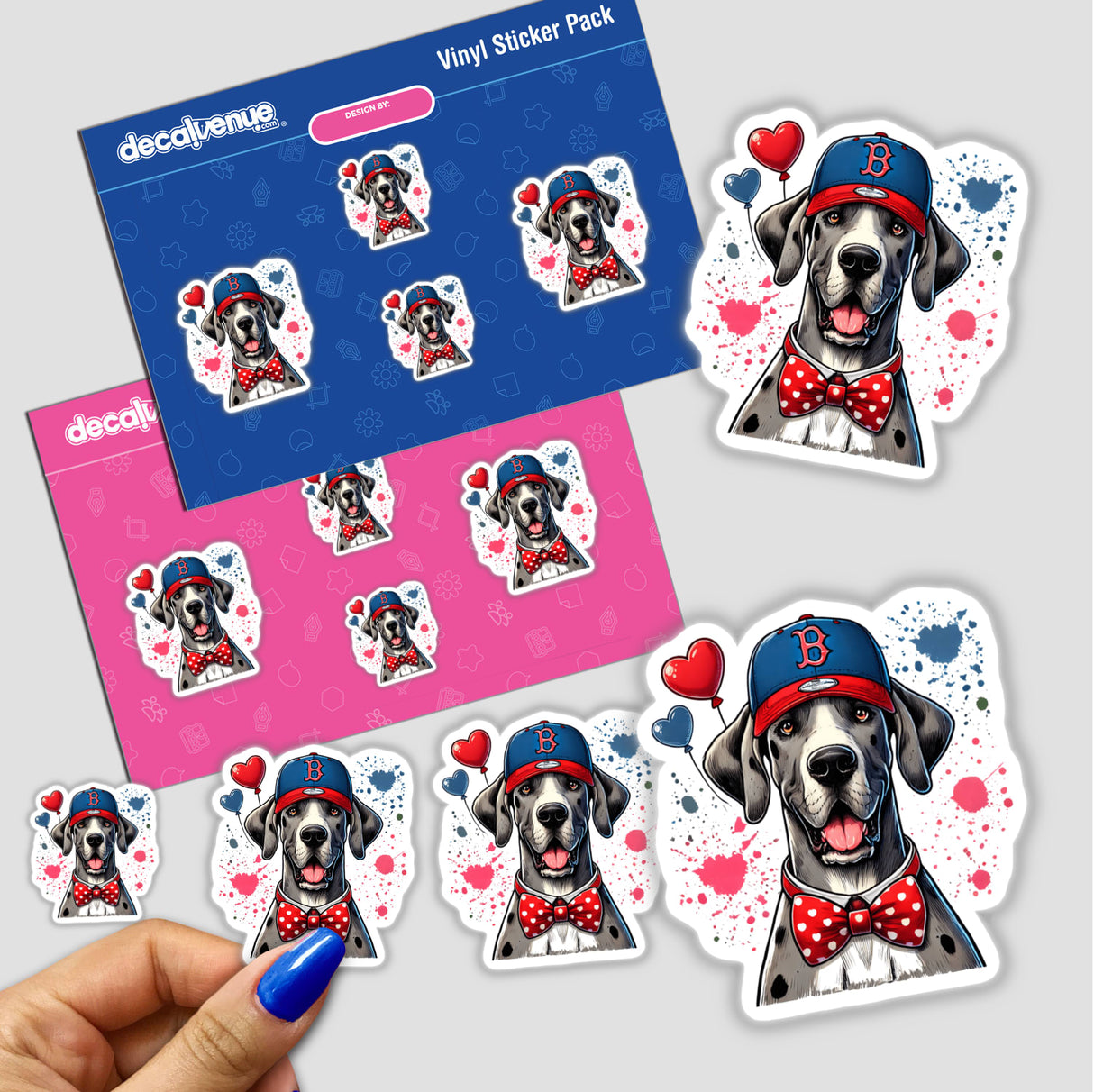 Great Dane in Baseball Hat sticker pack featuring a dog wearing a hat and bow tie, available as vinyl stickers or digital artwork.