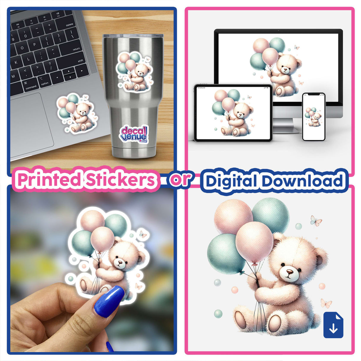 Watercolor Teddy Bear Holding Balloons available as stickers or digital artwork, shown on a laptop, phone, and held in hand.