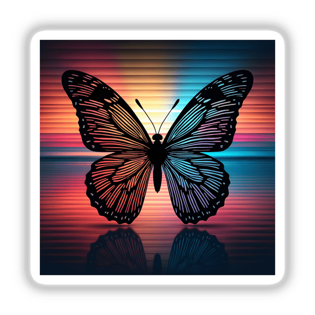 Butterfly Silhouette with Multi-Color Stripes, depicting a butterfly with vibrant patterns, available as stickers or digital artwork.