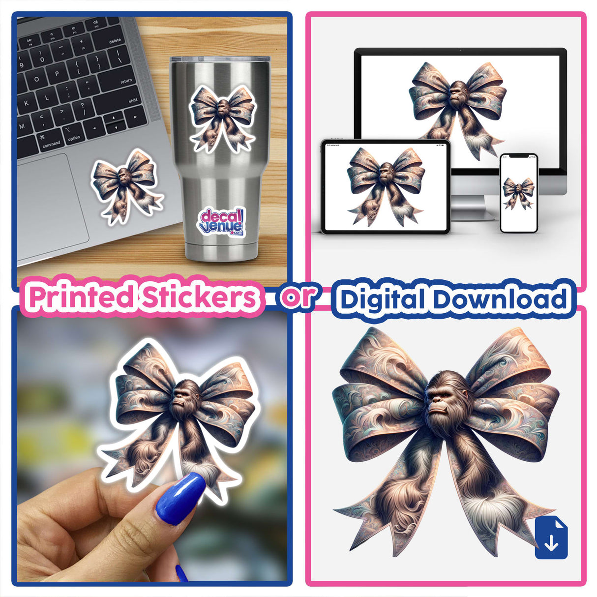 Sasquatch Coquette Bow displayed as a collage of stickers and digital downloads, featuring a monkey head atop a large bow, laptop mockups, and close-up decal details.