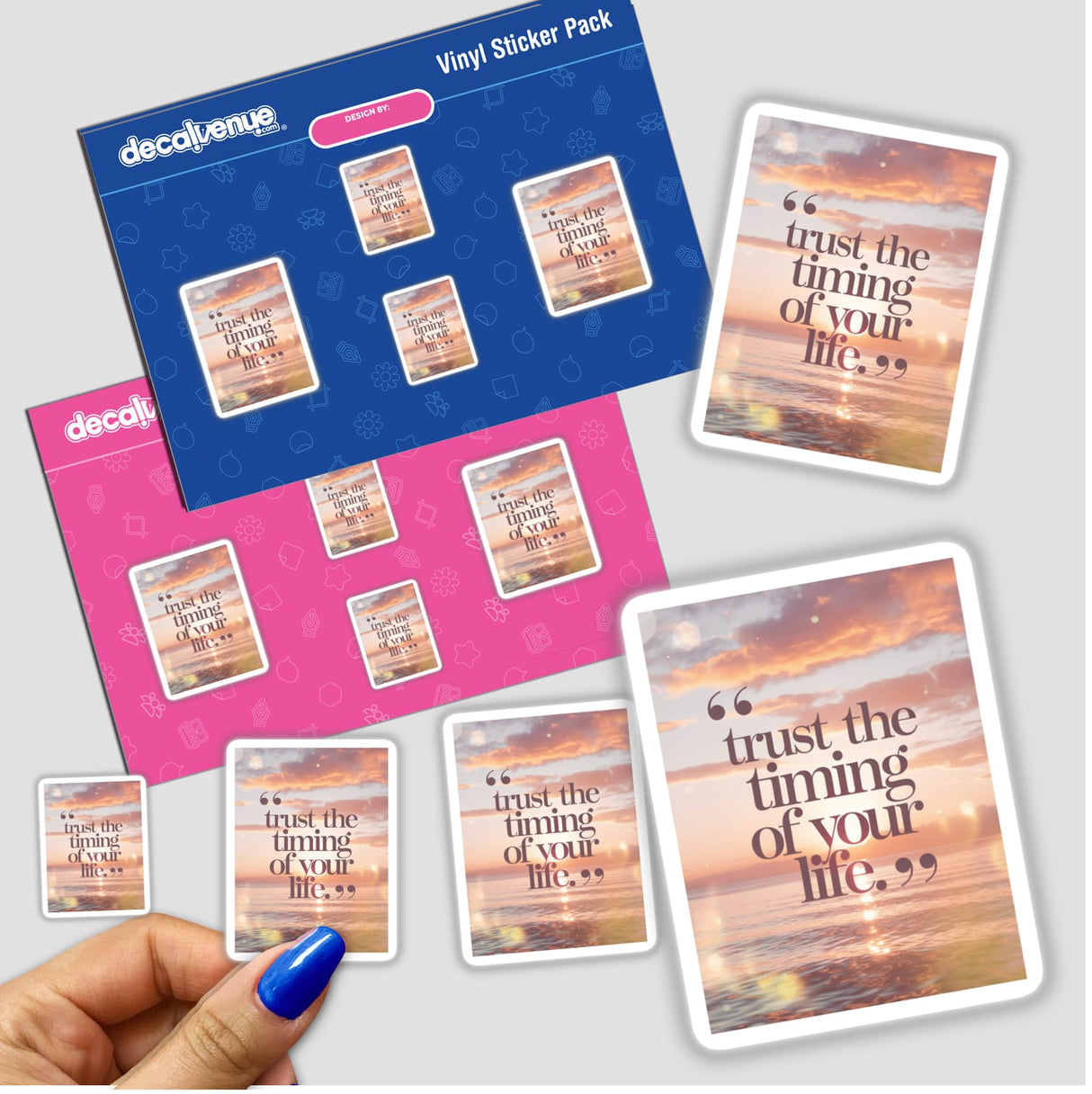 Trust the timing of your life sticker pack, featuring vibrant sunset images and inspirational quotes, held in hand. Available as vinyl stickers or digital artwork from Decal Venue.