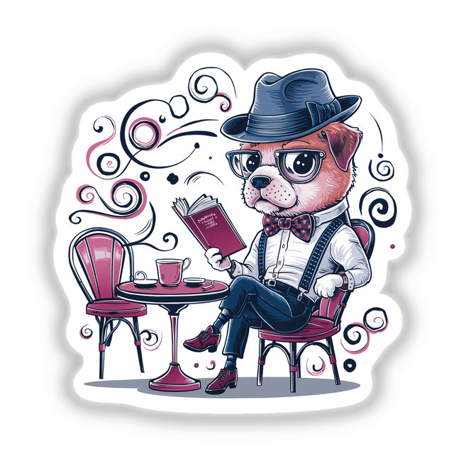 Dog Fedora Hat Reading Book