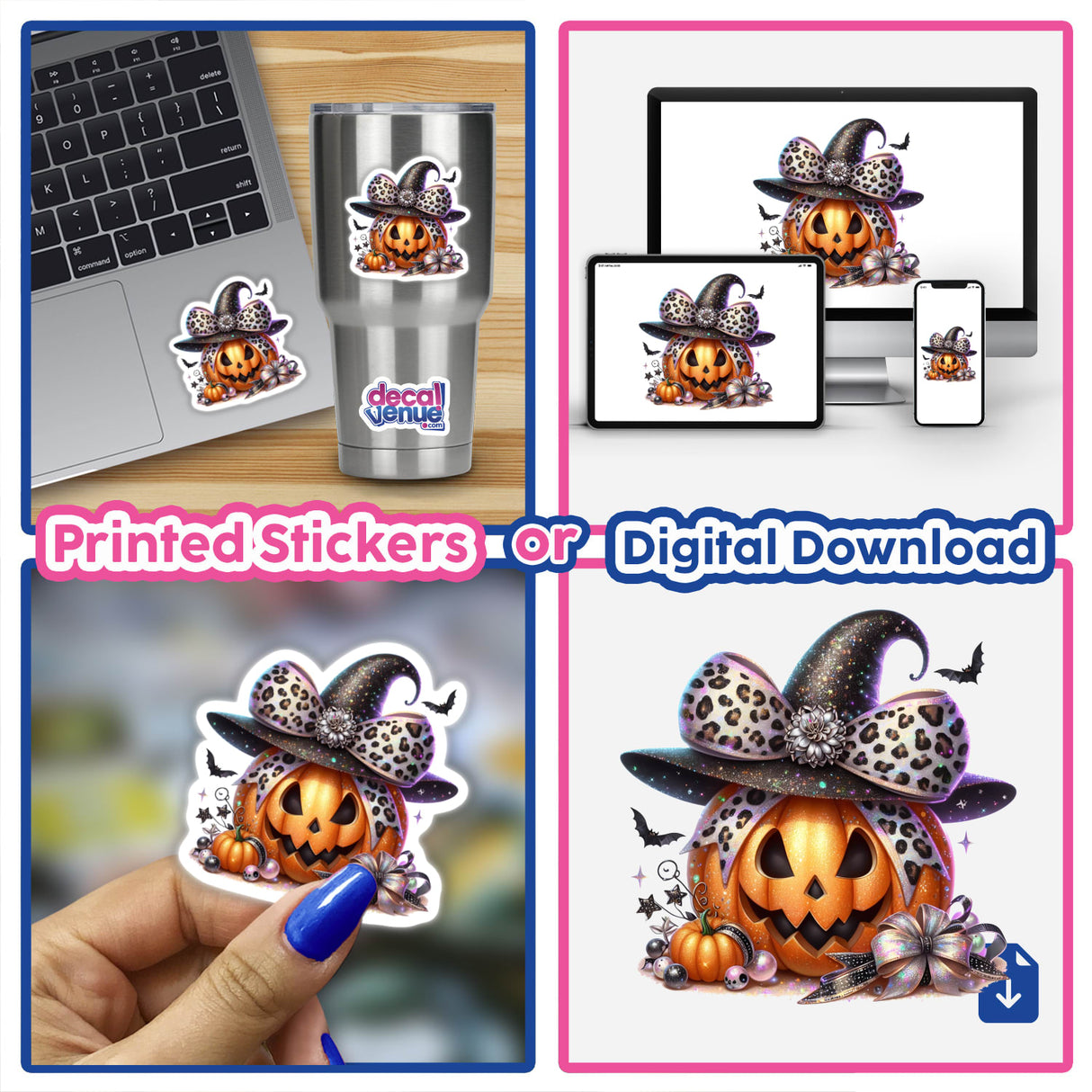 Collage featuring an Orange Pumpkin Leopard Coquette Bow Witch Hat sticker on a laptop, hand drawing, and digital displays. Available as stickers or digital artwork from Decal Venue.
