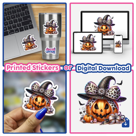 Collage featuring an Orange Pumpkin Leopard Coquette Bow Witch Hat sticker on a laptop, hand drawing, and digital displays. Available as stickers or digital artwork from Decal Venue.