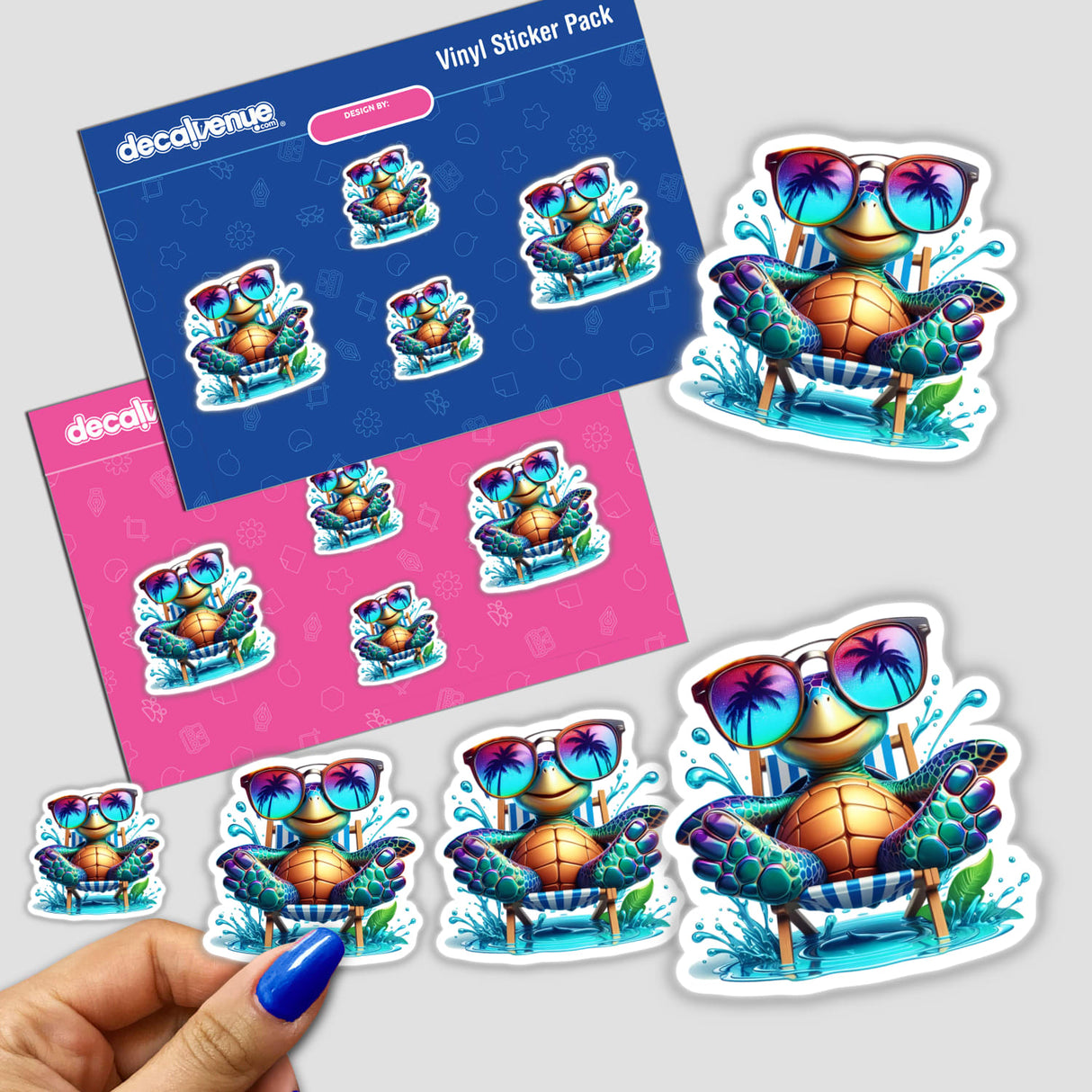 Happy Sea Turtle sticker features a cartoon turtle wearing sunglasses, lounging in a beach chair. Available as stickers or digital artwork, perfect for adding a playful touch to any surface.