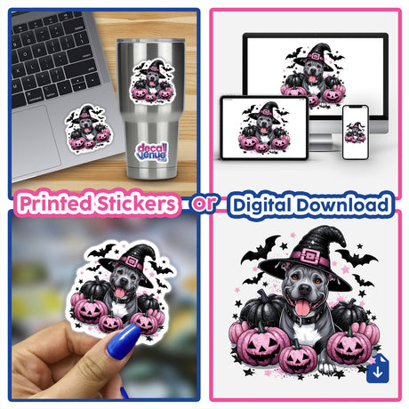 Halloween Witch Pitbull Dog Sparkly Pumpkins stickers and digital artwork collage, featuring a dog in a witch hat with pumpkins, perfect for laptops and cups.