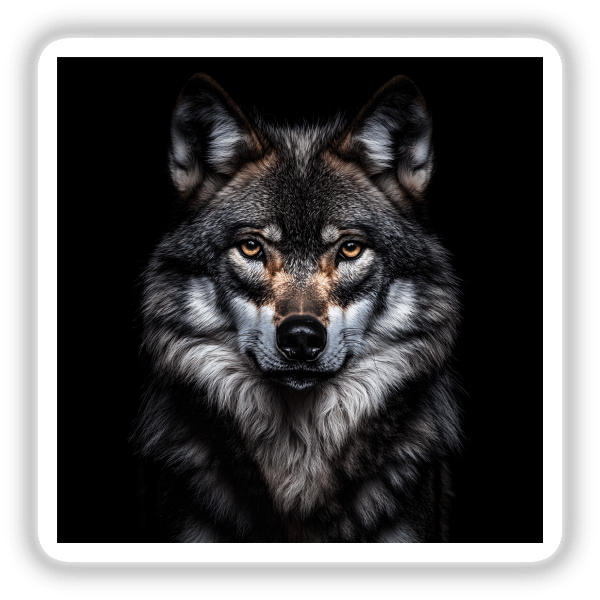 Cinematic Wolf Portrait on Black Background, available as stickers or digital artwork, featuring a detailed close-up of a wolf's intense eyes and striking facial features.