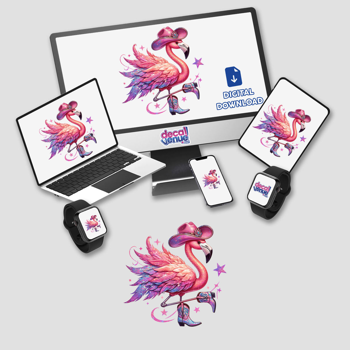Two Stepping Country Cowboy Flamingo featured as a quirky design available as stickers or digital artwork, showcasing a flamingo dressed as a cowboy, embodying a playful and unique style.