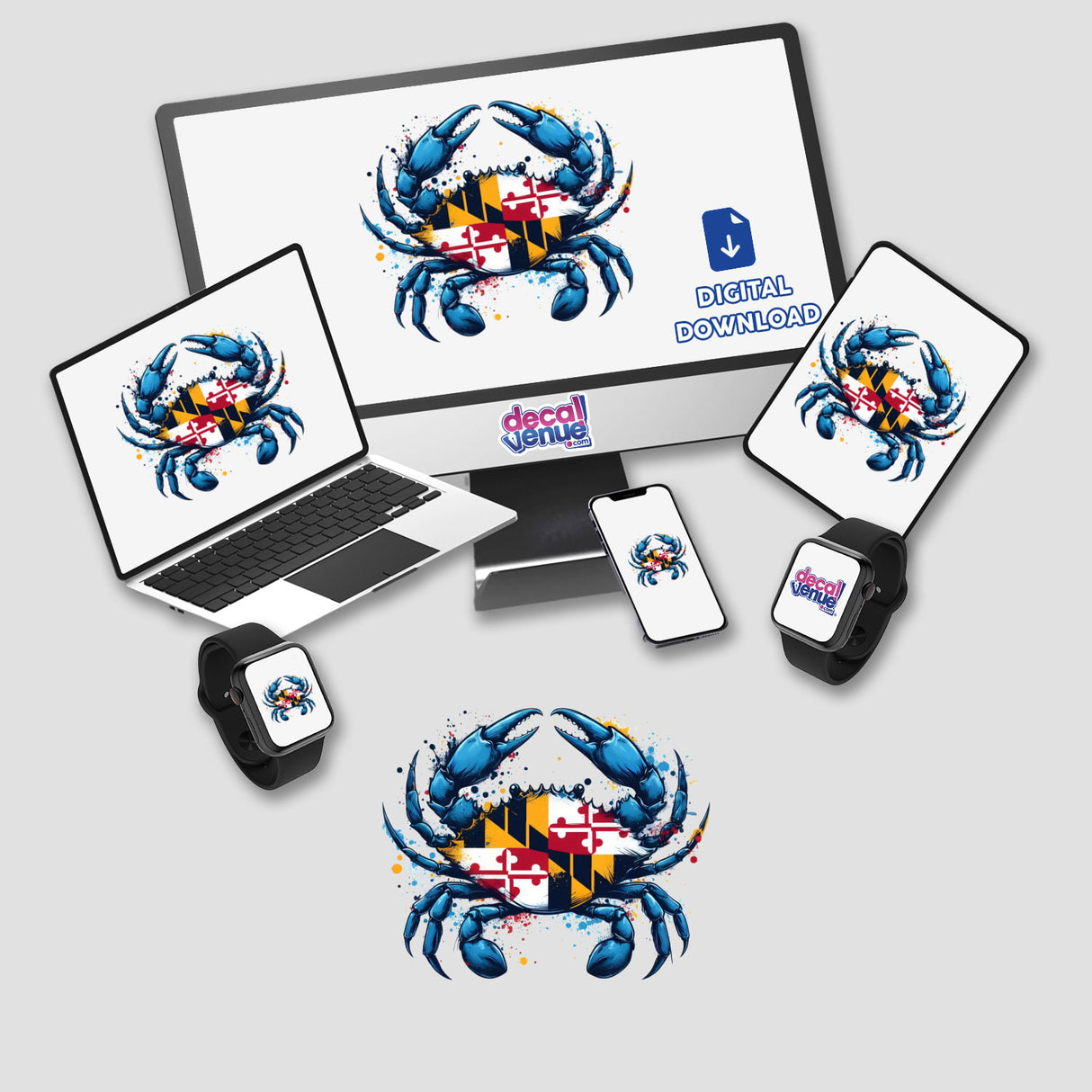 Maryland Flag Crab Splatter II depicted on various digital devices, featuring a crab with the Maryland flag pattern. Available as stickers or digital artwork from Decal Venue.