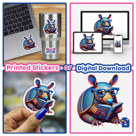 Armored armadillo with reading glasses and open book, available as stickers or digital artwork from Decal Venue, showcasing unique vinyl sticker design.