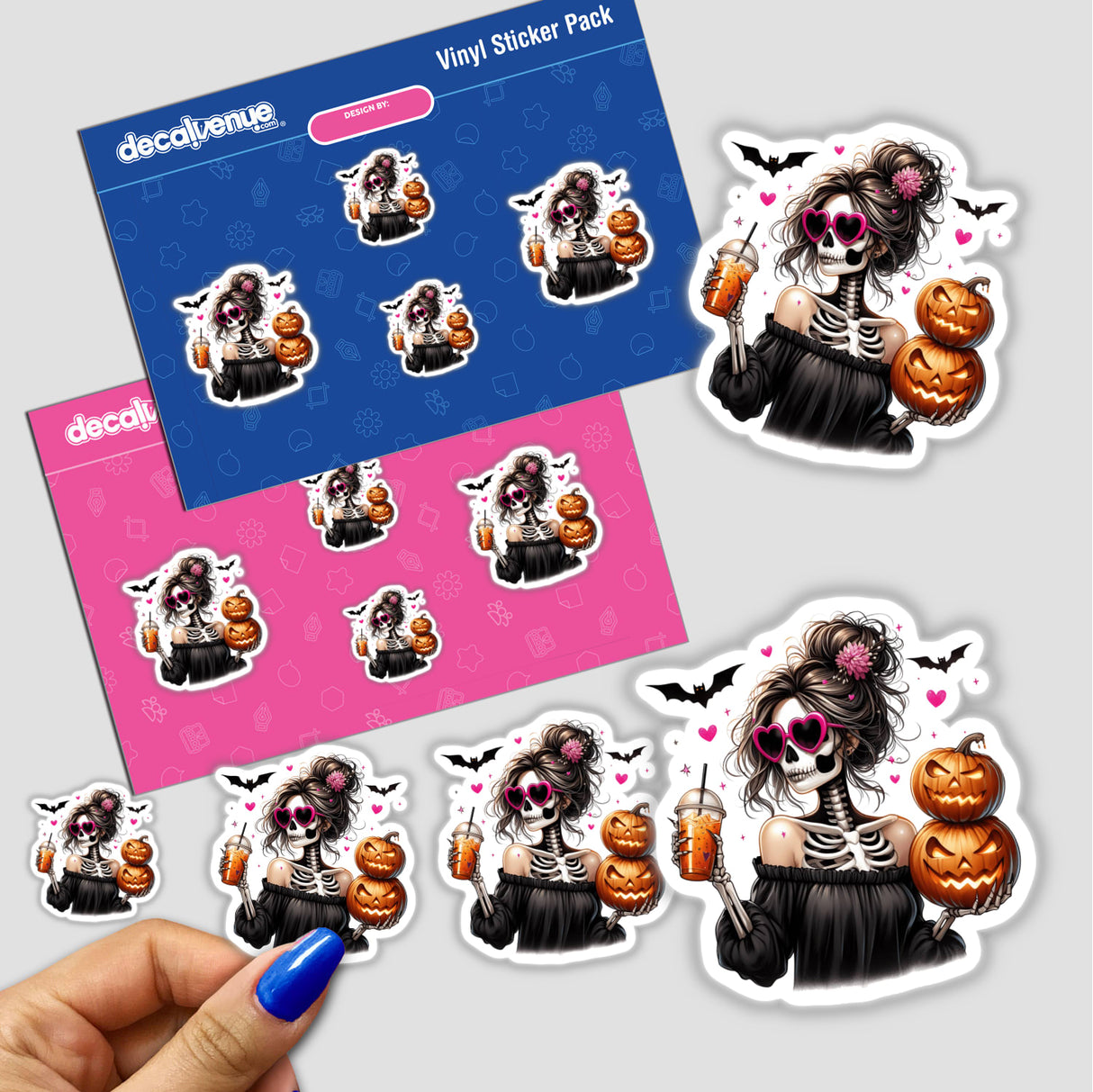 Spooky Halloween Skeleton Mama with Pumpkins Digital Artwork Stickers
