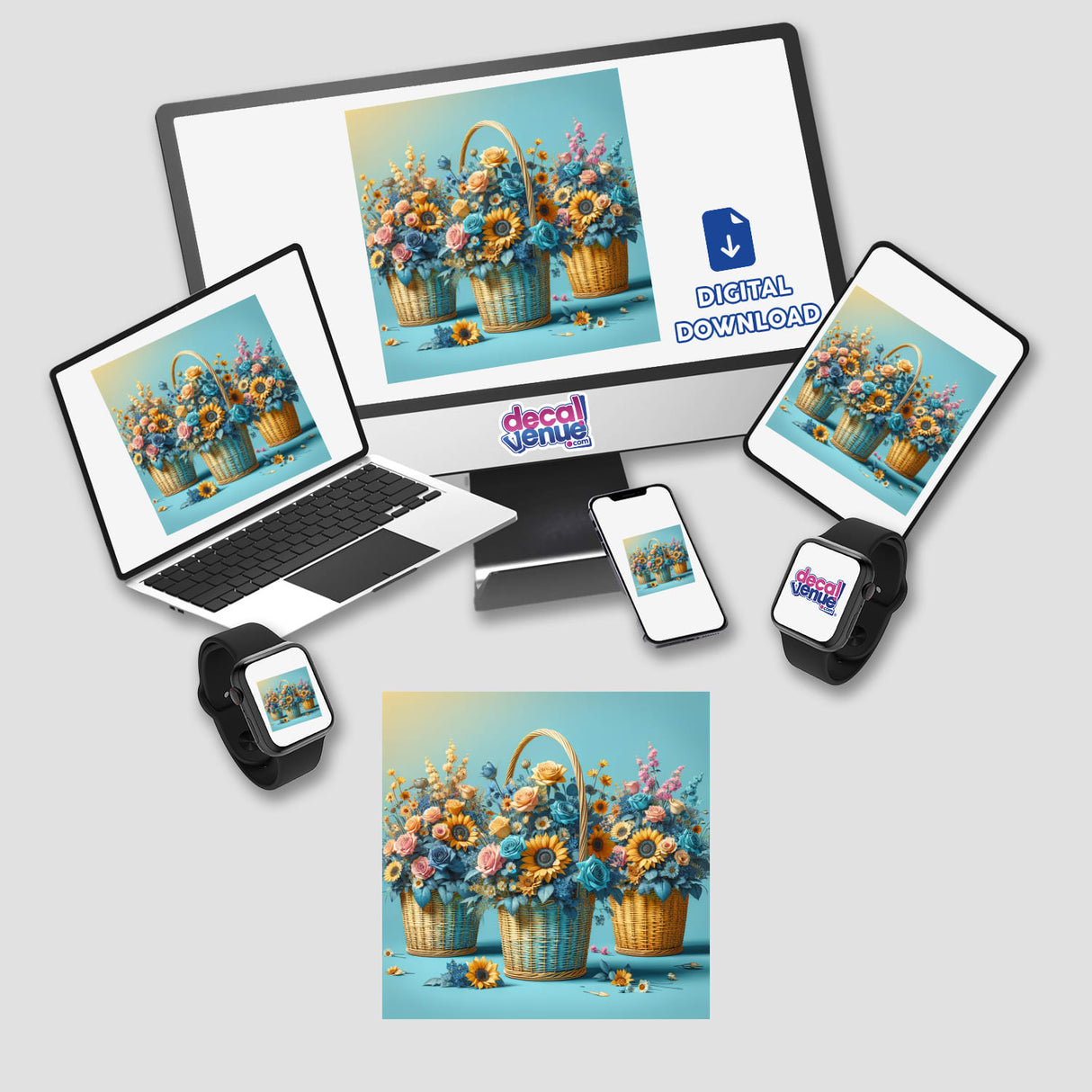 Elegant Woven Baskets with Sunflowers and Roses depicted on a computer monitor and laptop screen, available as stickers or digital artwork from Decal Venue.