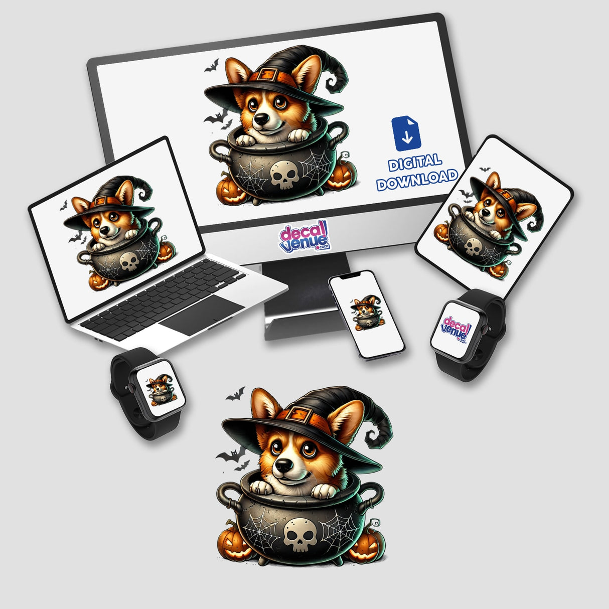 Cute corgi dog in witch's cauldron on digital products from Decal Venue, a store offering unique stickers and digital art.