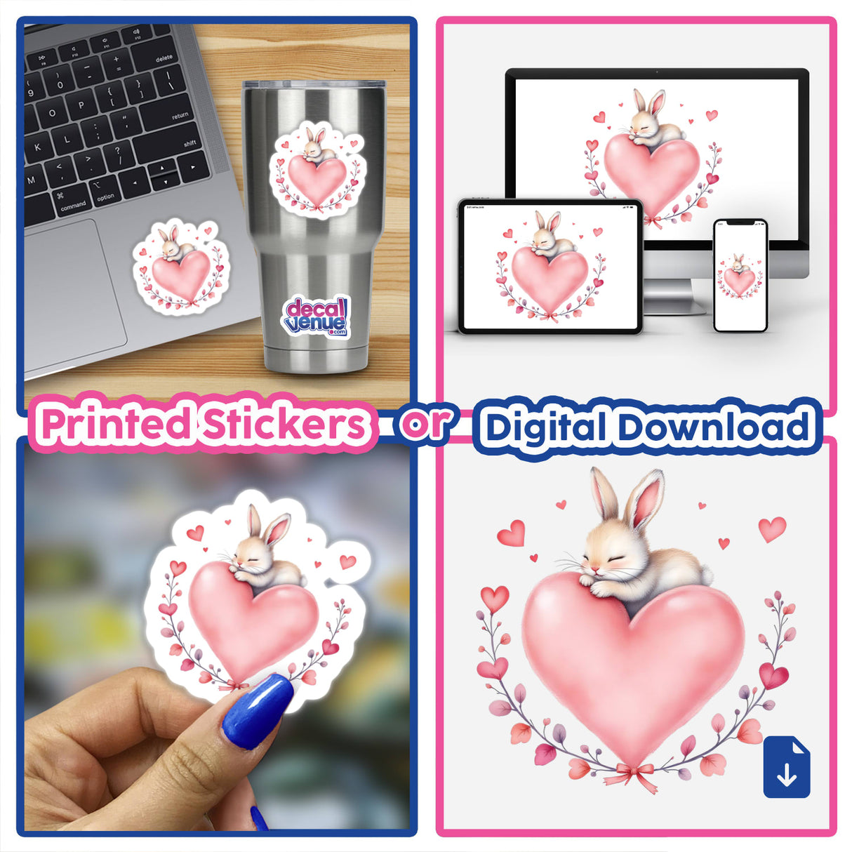 Baby Bunny on a Heart sticker collage featuring adorable bunnies atop hearts, perfect for adding a whimsical touch to laptops, notebooks, or digital art displays.