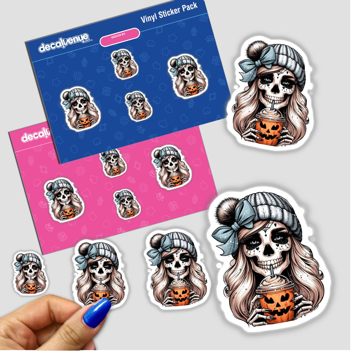 Sticker pack featuring Pumpkin Spice and Everything Nice Skeleton Mama, showcasing a cartoon woman in a beanie holding a drink. Available as stickers or digital artwork.
