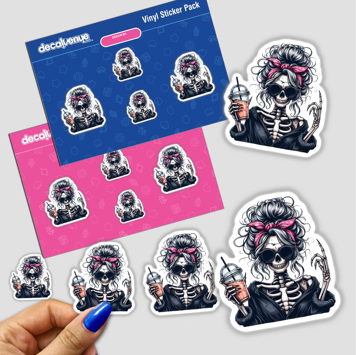 Spooky and stylish skeleton woman stickers in various poses, available as digital downloads or stickers from Decal Venue's collection of unique digital artwork.