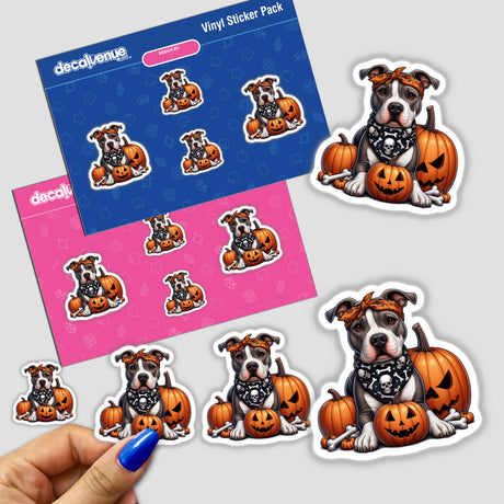 Skull Bandana Trick or Treat Pitbull Dog II stickers featuring cartoon dogs in bandanas with pumpkins, available as stickers or digital artwork.