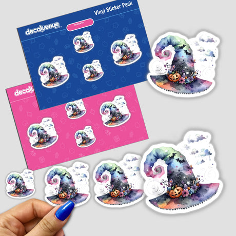 Halloween Hat with Bats and Clouds sticker, featuring a whimsical design ideal for seasonal decoration. A hand holds the sticker, highlighting its vibrant and festive theme. Available at Decal Venue.