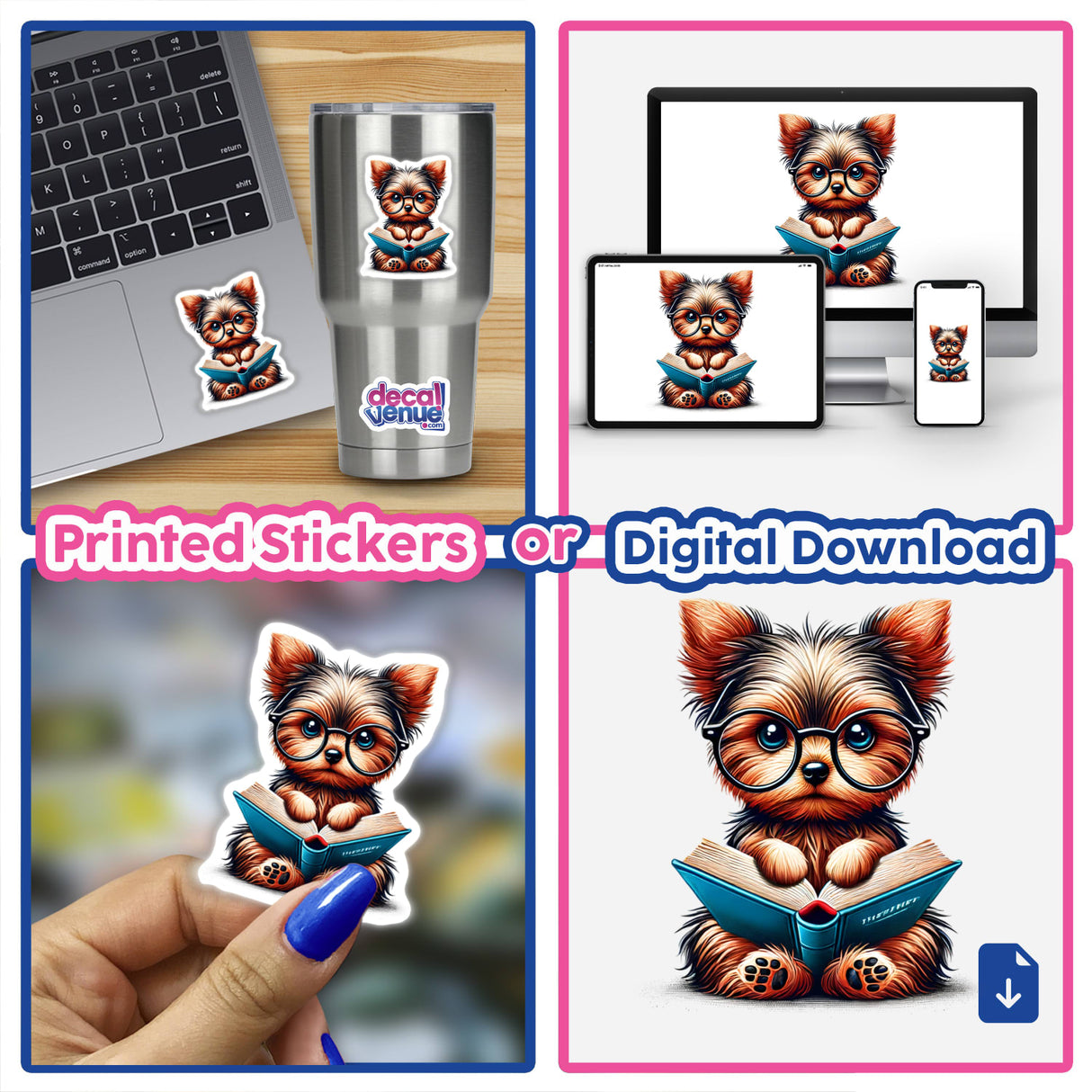 Yorkie Dog With Reading Glasses Open Book