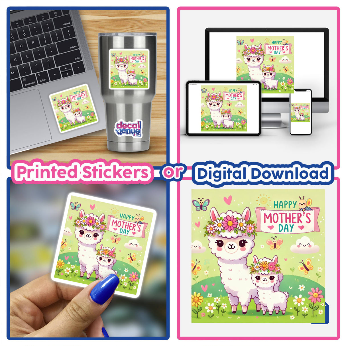Mother's Day Alpaca Graphic Floral Happy Scene featuring a whimsical alpaca surrounded by delicate flowers, available as a sticker or digital artwork, embodying Decal Venue's unique artistic charm.