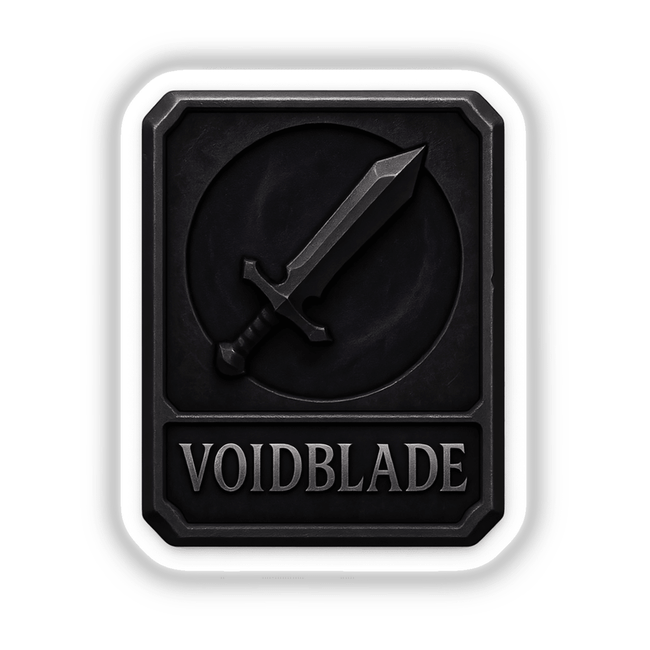 Voidblade – RPG-Style Skill Badge featuring a Dark Silver Shadow Sword Emblem, available as unique vinyl stickers or digital artwork, showcasing intricate detailing and sharp design elements.