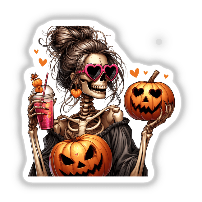 Spooky Halloween skeleton mama with pumpkins, funky hairstyle, and heart-shaped sunglasses, available as stickers or digital download format