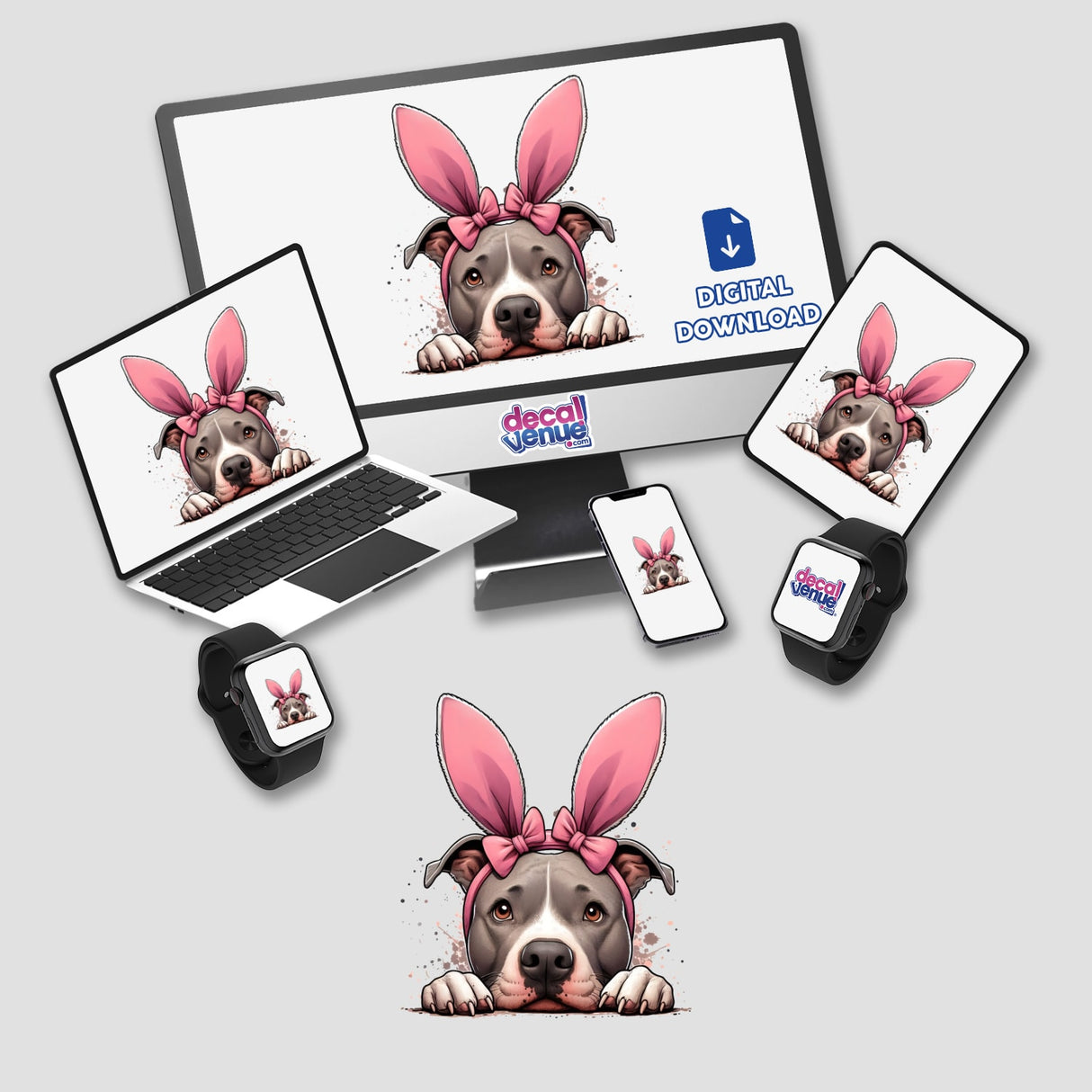 Pink Bunny Ears Peeking Pitbull II: A playful illustration of a pitbull wearing pink bunny ears, available as vinyl stickers or digital artwork.