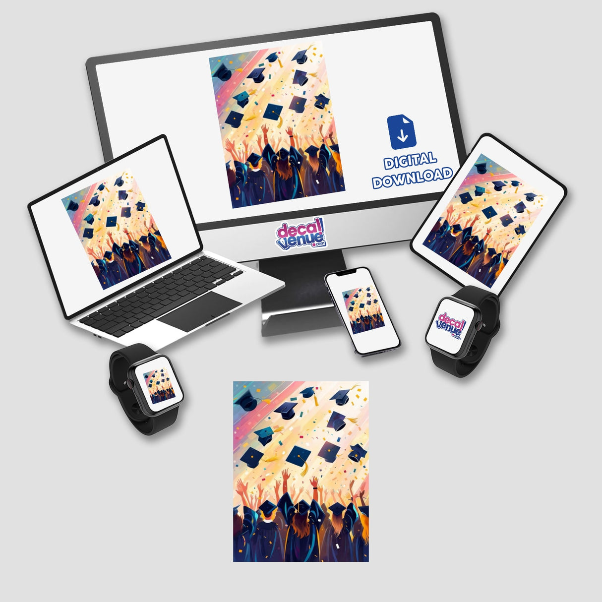 Joyful Graduation Celebration with Cap Toss and Confetti – Vibrant Graduation Scene available as stickers or digital artwork, depicting jubilant graduates tossing caps amidst confetti, perfect for commemorating achievements.