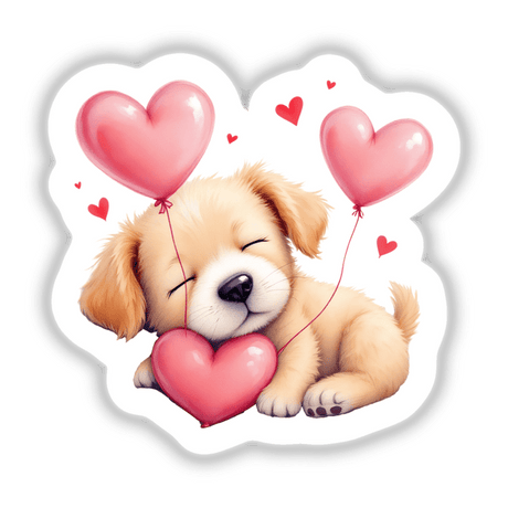 Sleeping Puppy with Heart Balloons: An adorable puppy is nestled among heart-shaped balloons, capturing a whimsical and heartwarming design perfect for stickers or digital artwork from Decal Venue.