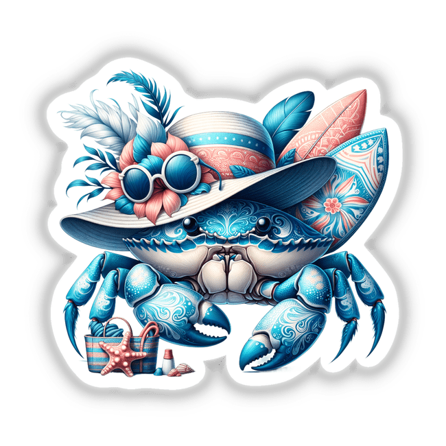Blue Crab in Summer Beach Hat with Surfboard