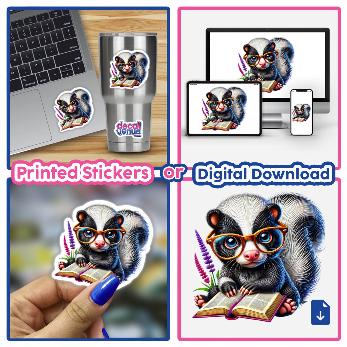 Whimsical skunk wearing reading glasses and holding a book, available as printed stickers or digital downloads from Decal Venue, an online store offering unique stickers and digital art created by talented designers.