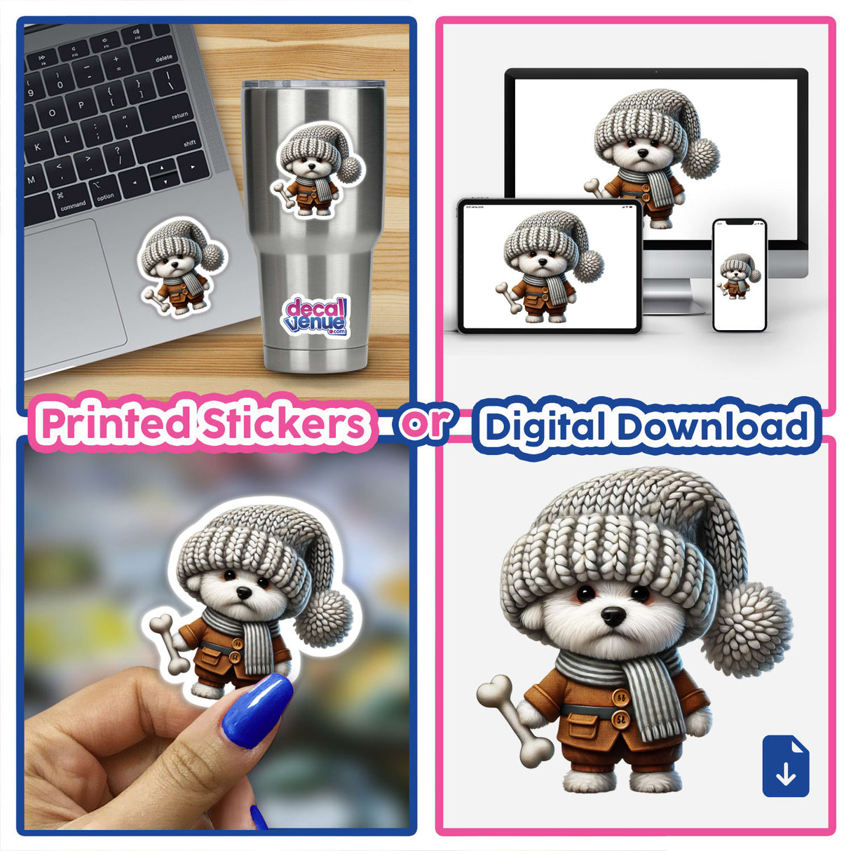 Cute and whimsical Bichon Frise gnome holding a dog bone, available as printed stickers or digital download from Decal Venue.