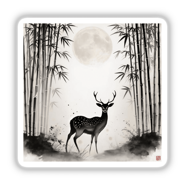 Deer in Bamboo Forest Under Moonlight Sumi-e Art available as stickers or digital artwork, depicting a serene scene of a deer amidst bamboo, capturing tranquility and elegance.