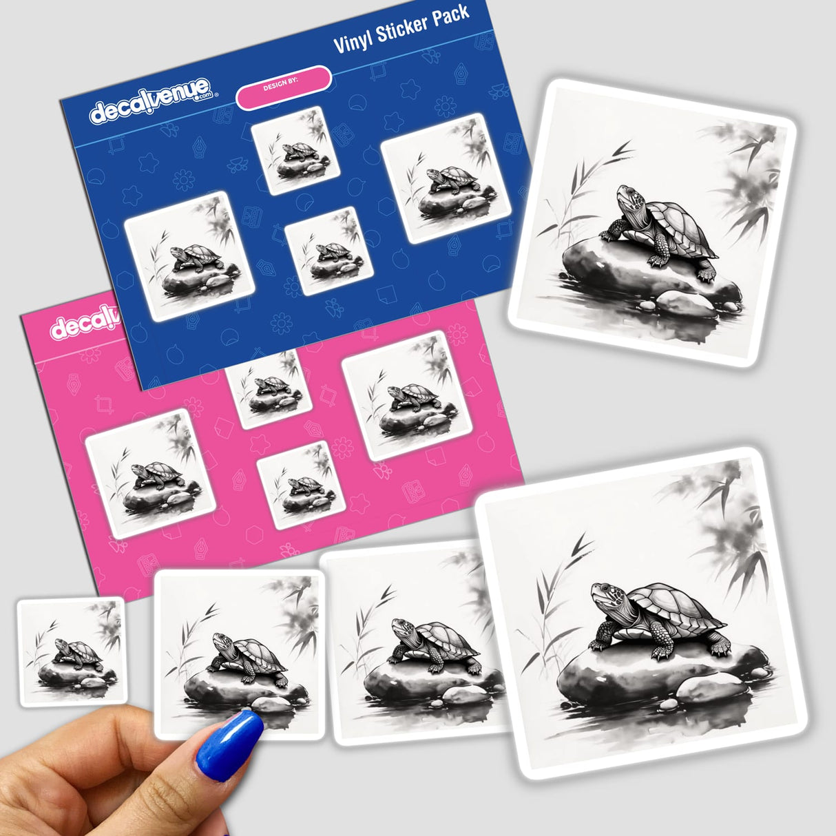 Sumi-e Turtle Resting on River Rock Traditional Japanese Watercolor available as unique stickers or digital artwork, showcasing a serene turtle on a rock, reflecting traditional Japanese watercolor art.