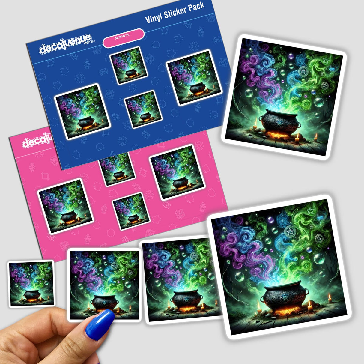 Hand holding a Witch's Brew - A Cauldron Overflowing with Magic sticker pack, depicting a cauldron with colorful smoke, ideal for wizarding and witchy decor.