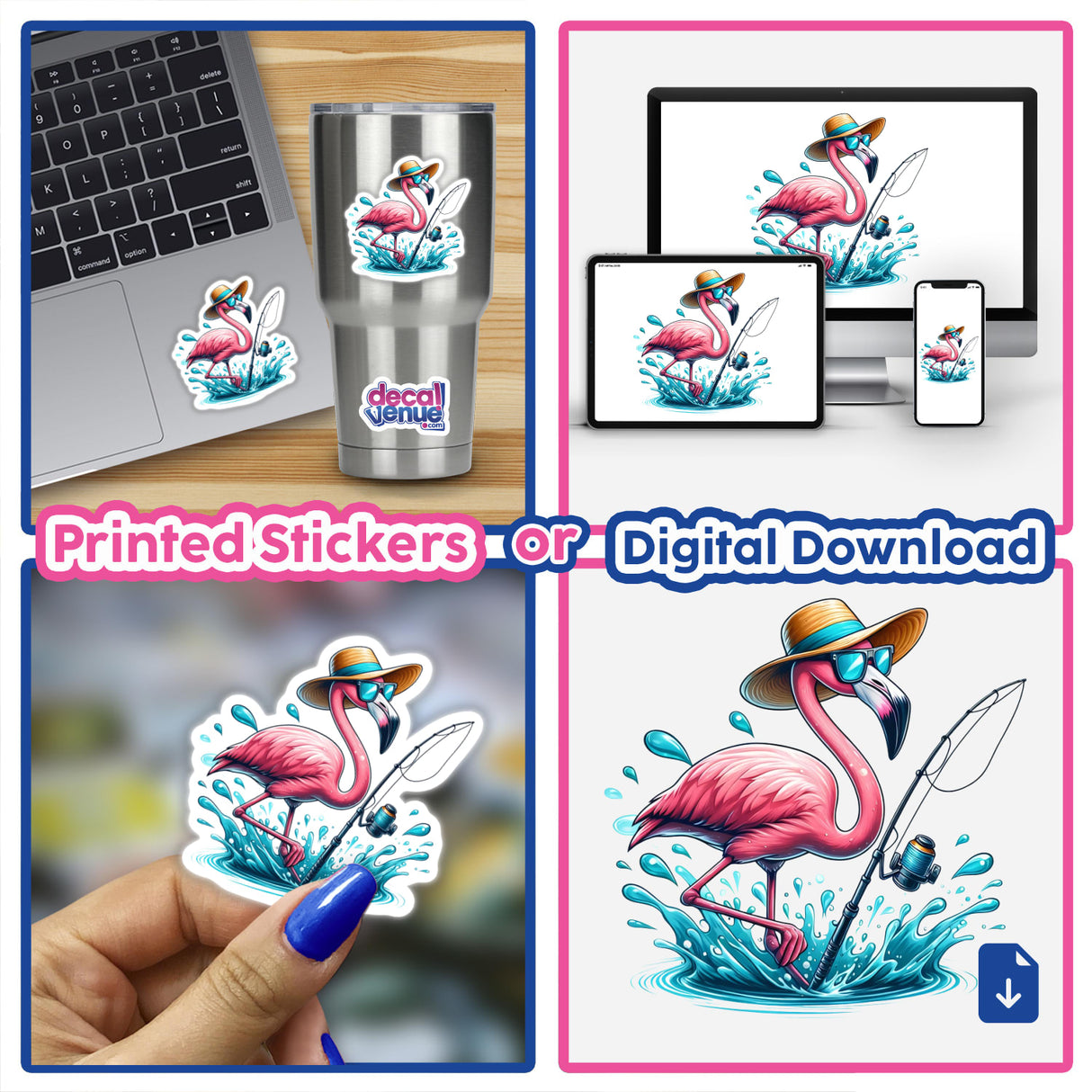 Summertime Flamingo Fishing collage featuring vinyl stickers and digital art of a pink flamingo fishing, available as decals or digital downloads, perfect for laptops, cups, and screens.