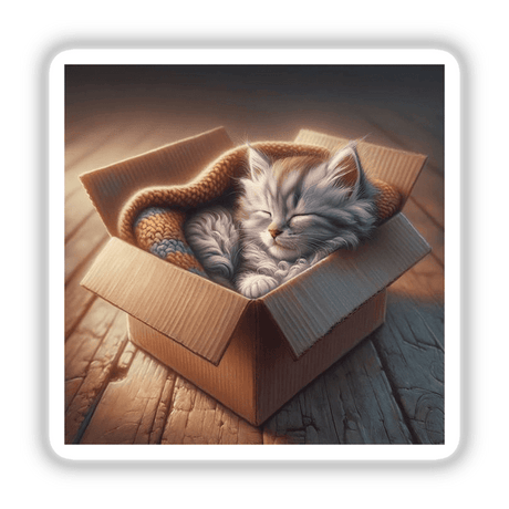 Kitten in Cozy Cardboard Box: A small cat comfortably sleeps inside a cardboard box. Available as stickers or digital artwork from Decal Venue, specializing in unique stickers and digital art.