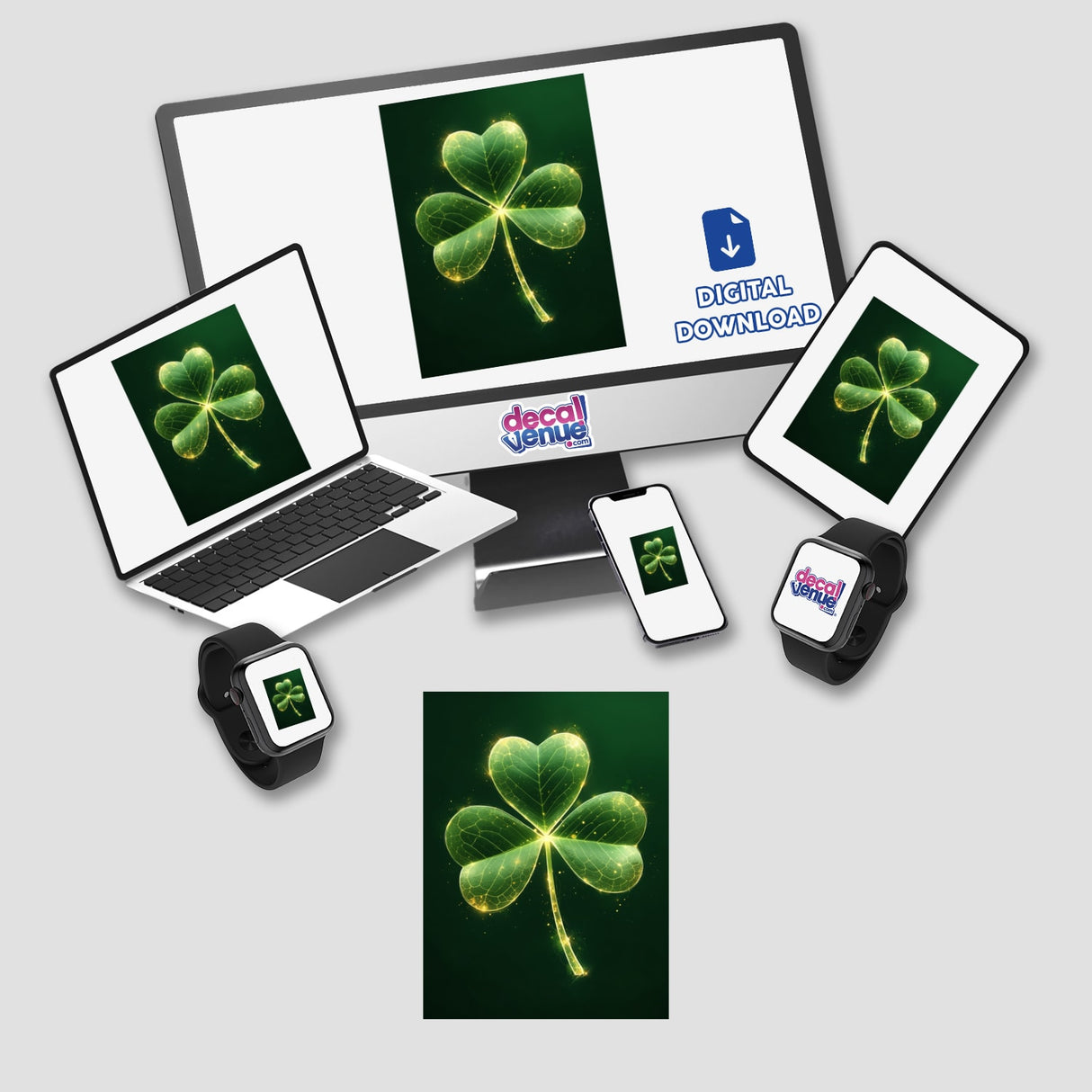 Luminous Shamrock – Glowing Green Clover with Sparkling Gold Highlights displayed on a computer monitor and laptop, showcasing its vibrant digital artwork appeal, ideal as stickers or digital art.