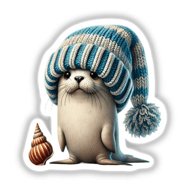 Cute seal gnome with seashell wearing striped knit hat, available as a sticker or digital download from Decal Venue.