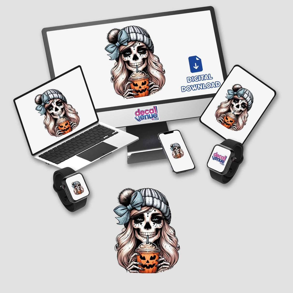 Pumpkin Spice and Everything Nice Skeleton Mama artwork on a laptop and computer screen, featuring a cartoon woman holding a drink, available as stickers or digital artwork.