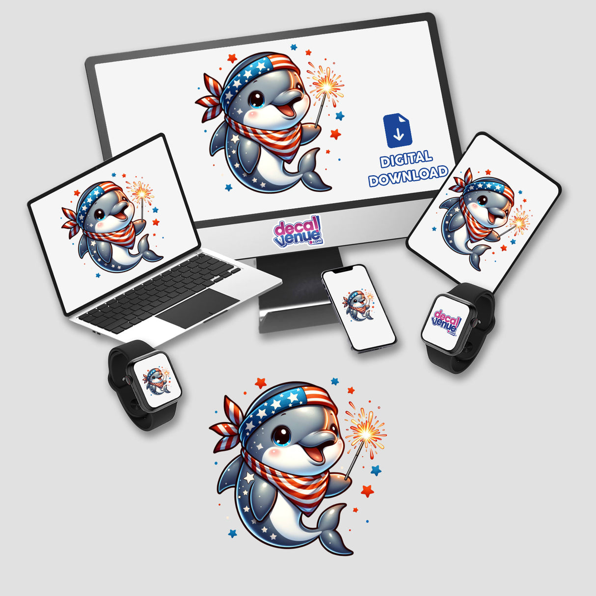 Dolphin Holding Sparkler Wearing Stars and Stripes Bandana