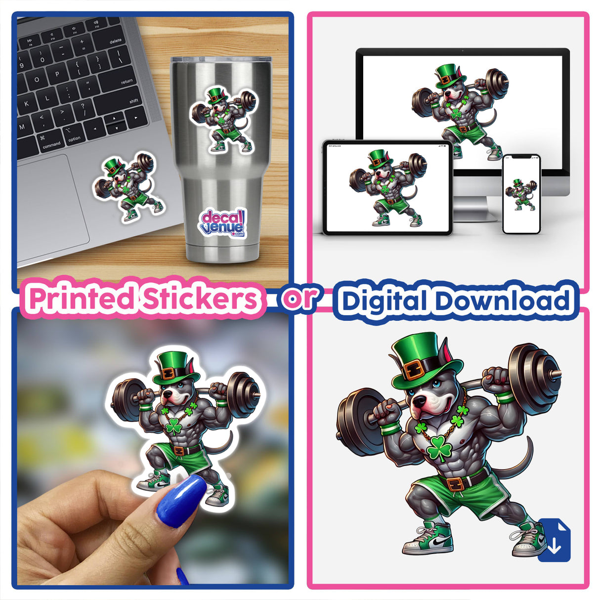 Irish Leprechaun Workout Pitbull Dog II cartoon stickers displayed on various items, including a laptop, cup, and phone, featuring a muscular dog lifting weights. Available as stickers or digital artwork.