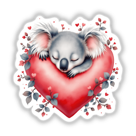 Sleeping Koala on Heart design featuring a cartoon koala bear peacefully resting on a heart, available as vinyl stickers and digital artwork, perfect for personalizing items or enhancing digital spaces.